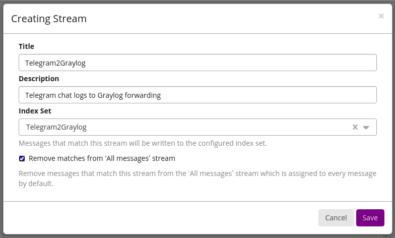 Create Telegram2Graylog Stream